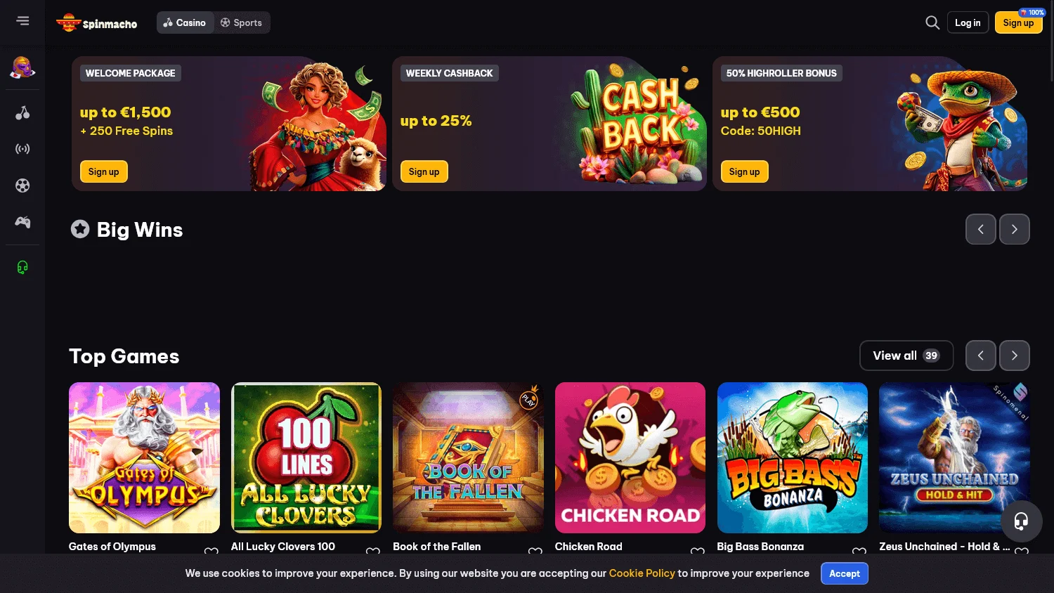 Spinmacho Casino desktop home screen