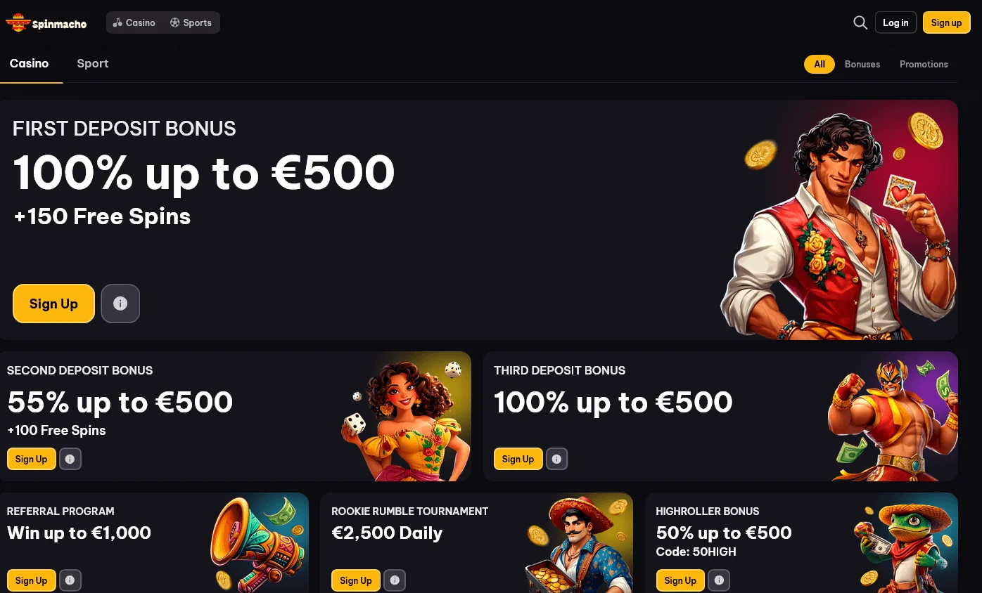 Spinmacho Casino desktop promotions screen