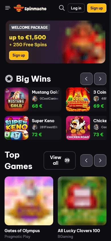 Spinmacho Casino mobile home screen